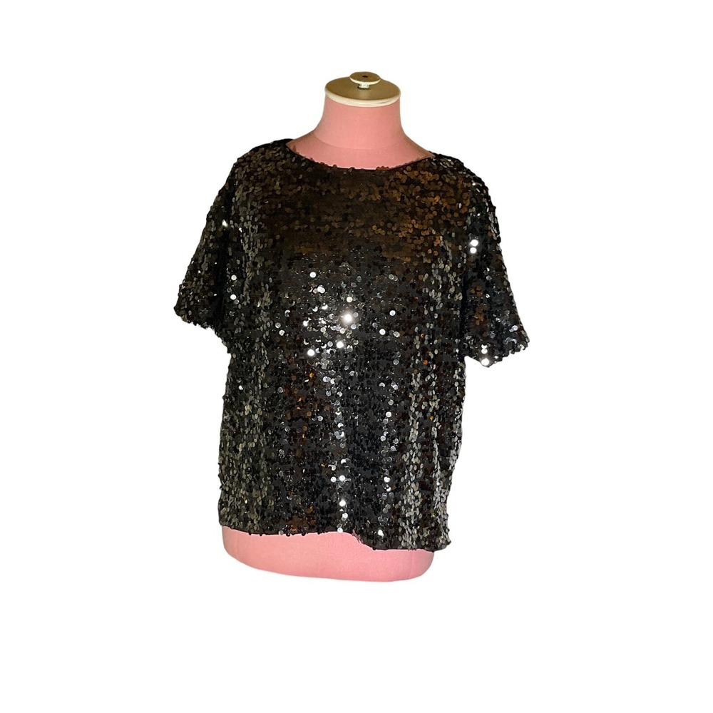 H & M Short Sleeve Black Sequin Top Sz Sm